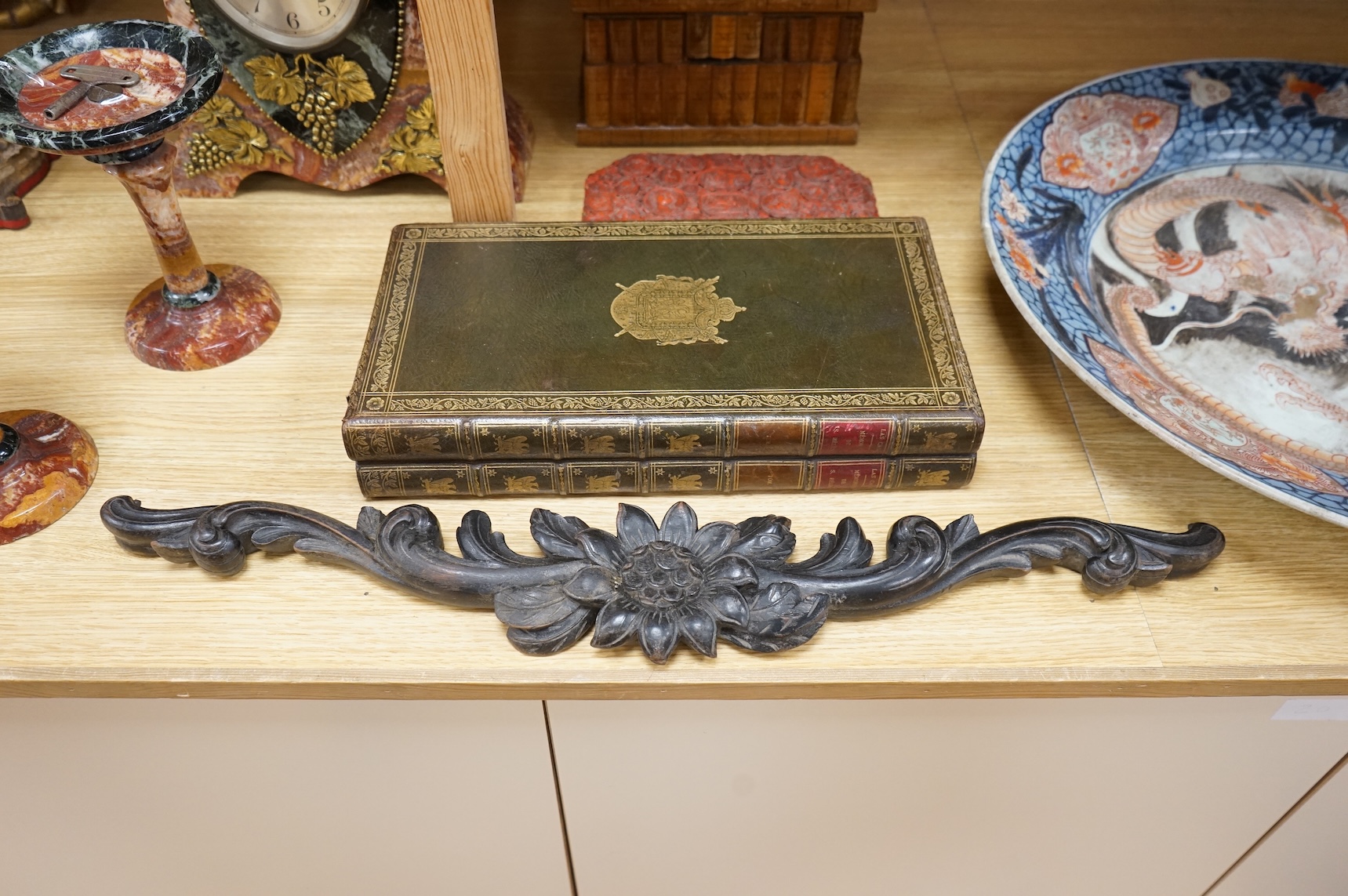 A backgammon games box, Sorrento box, a red wax seal mounted lid and a carved oak floral appliqué, 65cm wide (4)